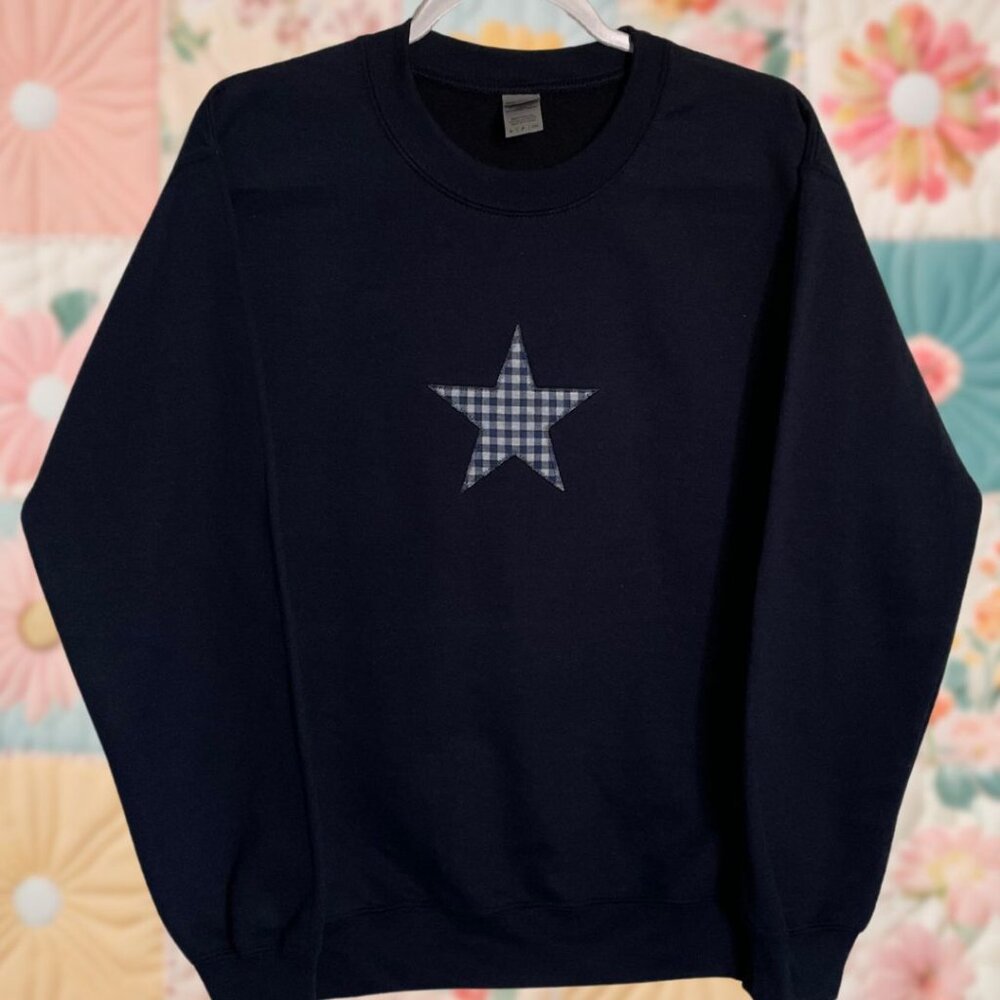 Star Patchwork Gingham Small Navy Blue Embroidere… - image 1